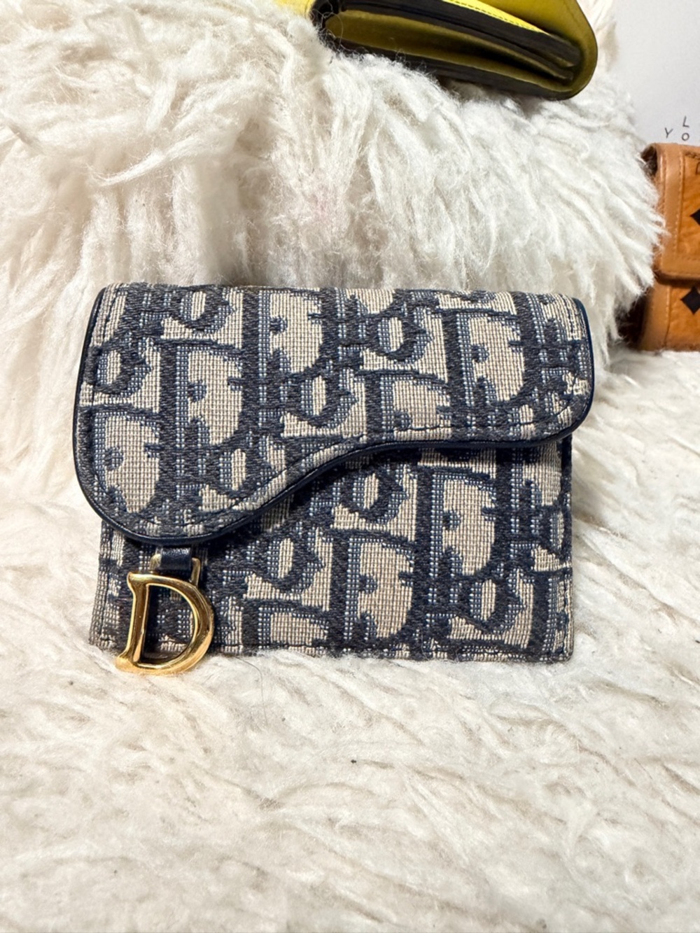 Dior Mini Saddle Wallet in Blue and Cream Monogram Canvas with Gold 'D'
